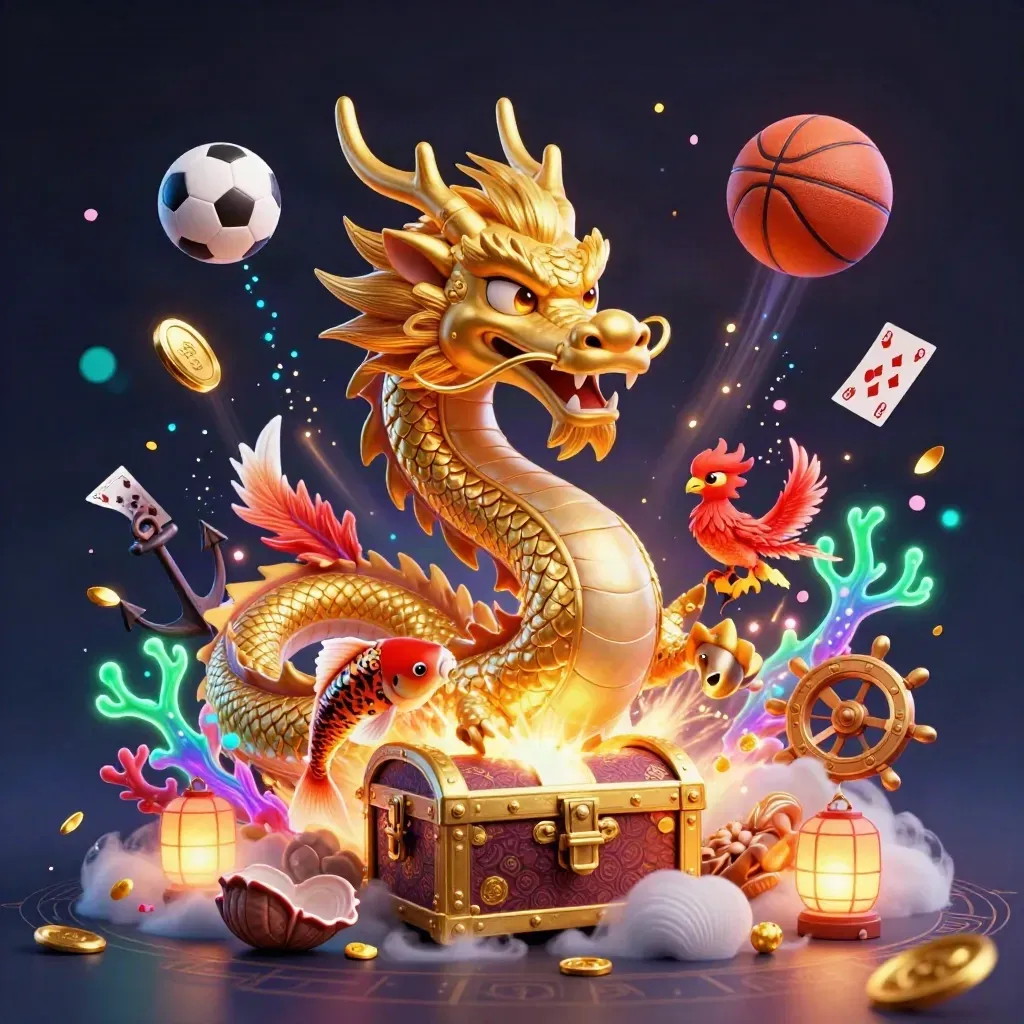 Naga emas, phoenix, koi, bola sepak, dan harta karun meledak dalam cahaya kasino.