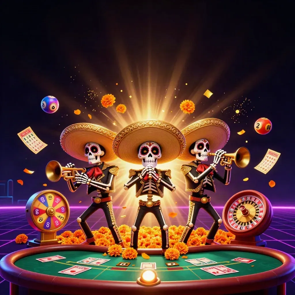 Tiga skeleton mariachi Day of the Dead dengan efek emas, bola lotre, dan roda hadiah neon.