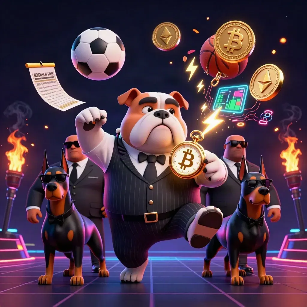 Bulldog mafia kartun, dua doberman, bola, koin kripto, dan efek neon emas di latar gelap.