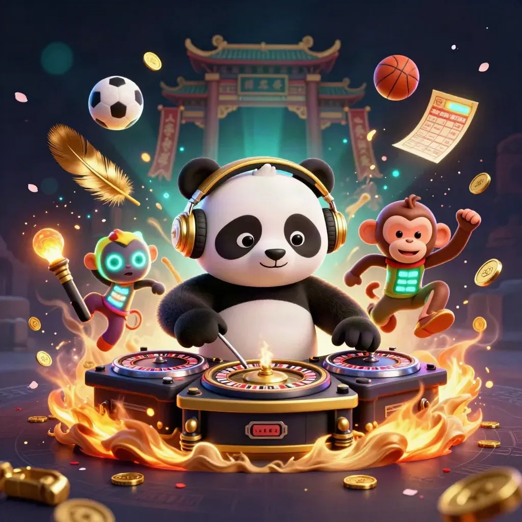 Panda DJ, monyet breakdance, dan kucing rave di arena kasino emas dengan bola olahraga.