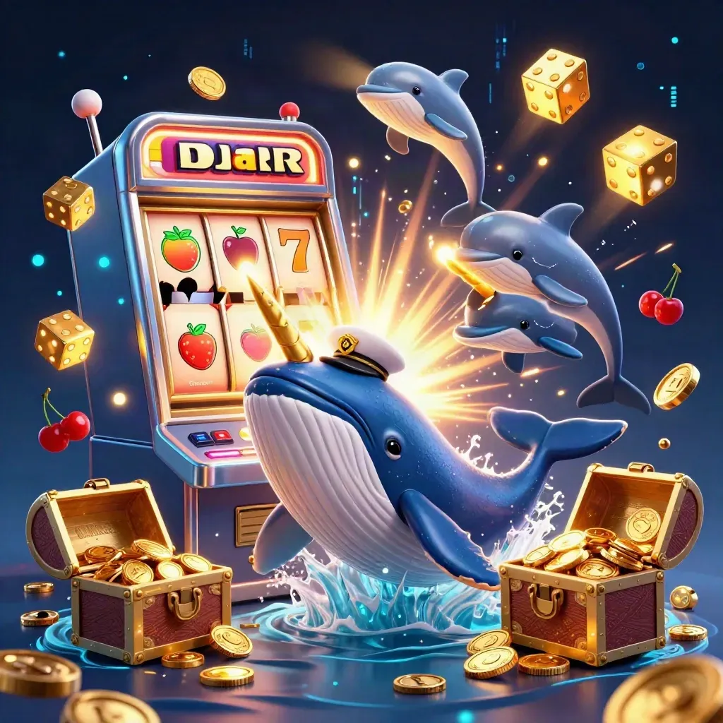 Paus kapten, narwhal, dan lumba-lumba di tengah koin, jackpot, dan kilau neon.