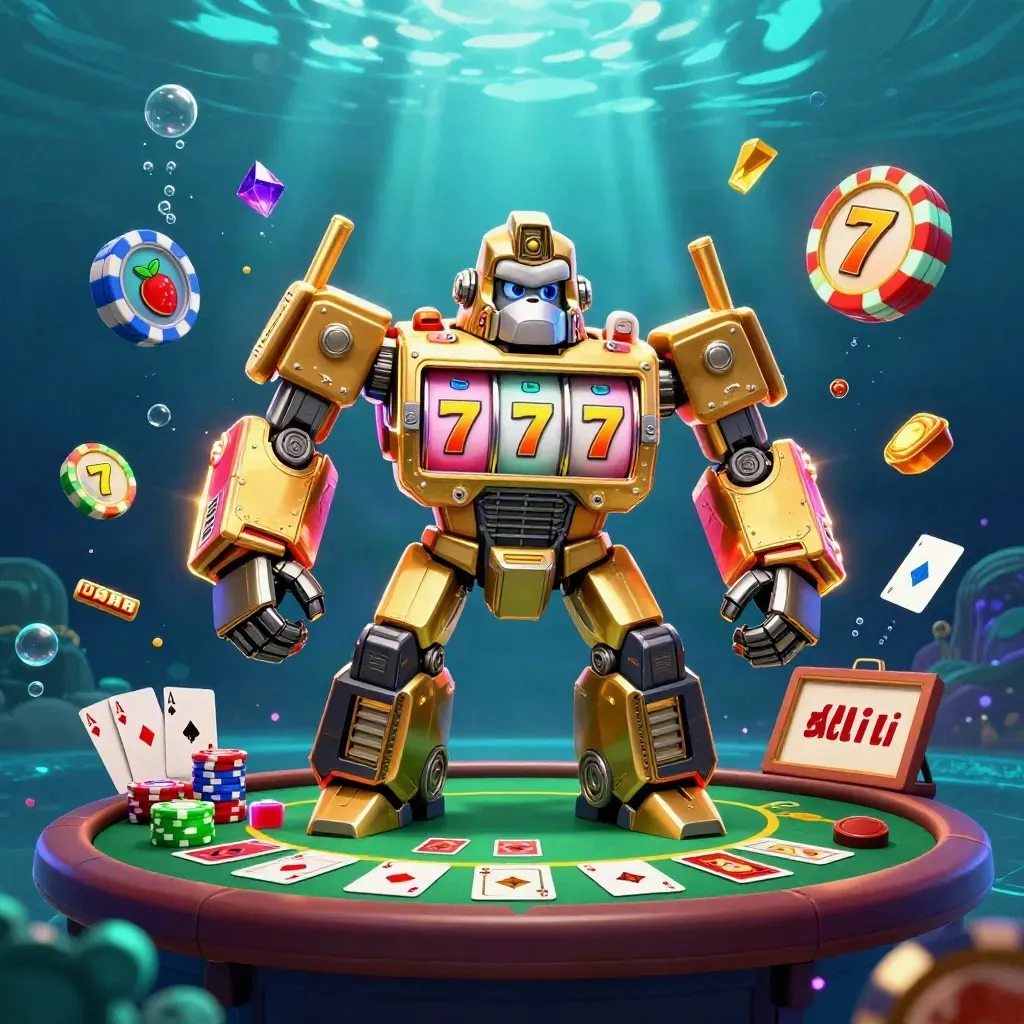 Mek gorila emas dan monyet pilot di bawah laut neon, dikelilingi kartu, chip, dan simbol jackpot.