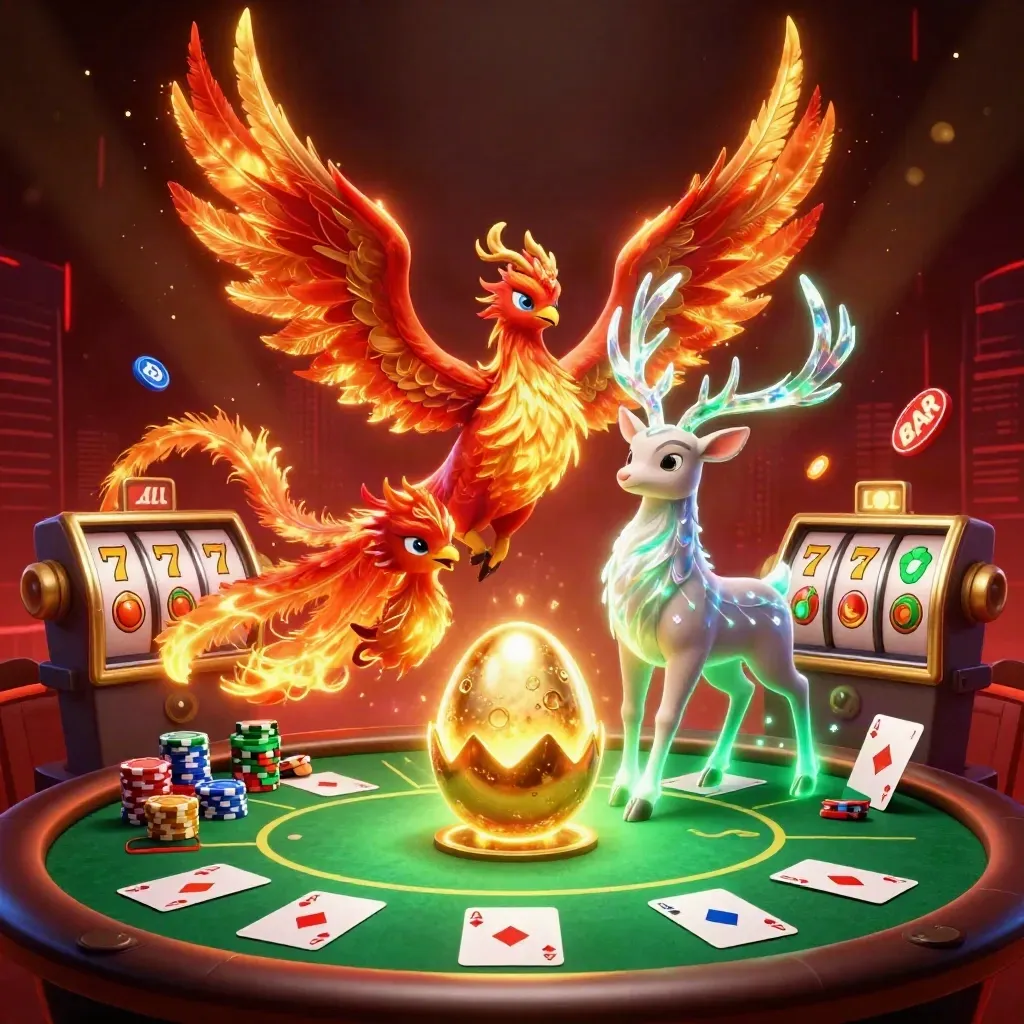 Phoenix emas, anak phoenix, rusa kristal, meja poker, chip, dan simbol jackpot di latar gelap.