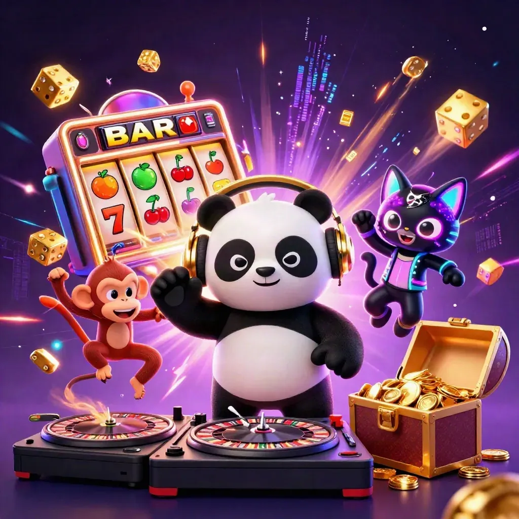 Panda DJ, monyet breakdance, dan kucing rave di slot jackpot neon.