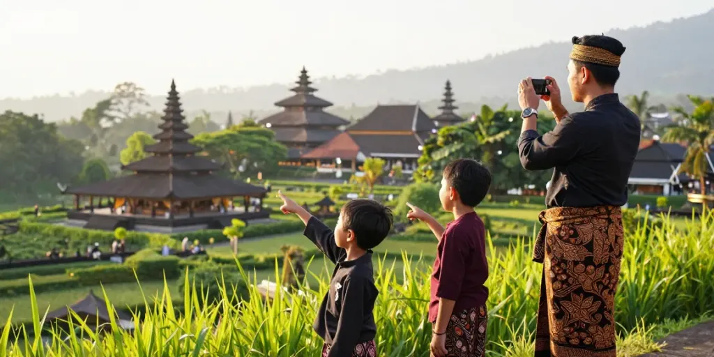 Keluarga cirebontoto menikmati pemandangan situs warisan budaya, dengan senyuman bahagia.